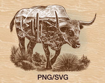 Archivo SVG de toro del desierto, PNG de vaca longhorn occidental para grabado láser, PNG de animal de granja del suroeste, descarga digital de silueta de cabeza de ganado