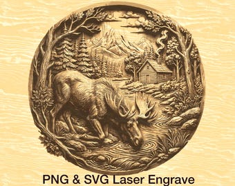 Grabado láser PNG de ilusión 3D de alce toro, archivo de tallado de relieve de vida silvestre listo para láser, cabaña rústica en un bosque para decoración de cabaña