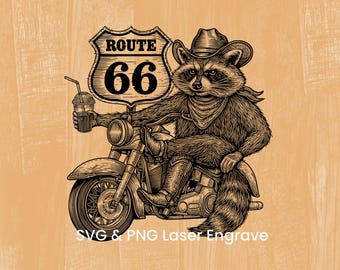 Mapache vaquero recorre la Ruta 66. Archivo PNG SVG grabado con láser en blanco y negro para sublimación de dibujo de motocicleta (descarga instantánea).