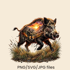 May include: A digital illustration of a wild boar with a hunter inside its silhouette, aiming a rifle at deer in a mountain landscape. The boar is brown and tan, with visible tusks. The text "PNG/SVG/JPG files" is at the bottom.