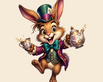 Zając Marcowy w Alicji w Krainie Czarów, projekt PNG, obraz anime, grafika fantasy do sublimacji, DTF, wydruk (natychmiastowe pobranie cyfrowe)