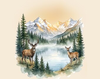 Jeleń nad górskim jeziorem, projekt PNG, obraz miłośnika zwierząt, grafika zewnętrzna do sublimacji, DTF, wydruk (natychmiastowe pobranie cyfrowe)