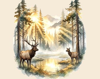 Łoś w mglistym lesie o wschodzie słońca, projekt PNG, obraz miłośnika zwierząt, grafika zewnętrzna do sublimacji, DTF, wydruk (natychmiastowe pobranie cyfrowe)