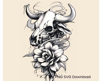 Archivo vectorial listo para láser de calavera con flor de cactus, diseño PNG para sublimación estilo tatuaje para artesanos (descarga imprimible).