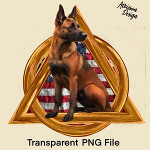 May include: A brown and black German Shepherd dog sits in a golden triangle frame with an American flag behind it. The text "Atkinson Design" is in the upper right corner of the image.