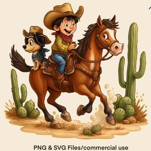 Young Cowboy & Dog PNG T-shirt Sublimation Design Dog Riding Horse Clipart Image Western SVG Graphic Cartoon Instant Digital Download File