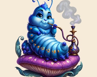 Gąsienica z Alicji w Krainie Czarów, projekt PNG, obraz anime, grafika fantasy do sublimacji, DTF, wydruk (natychmiastowe pobranie cyfrowe)