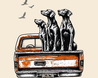 Psy myśliwskie w skrzyni ładunkowej (PNG), obraz rasy pointer, grafika myśliwska do sublimacji, DTF, wydruk (natychmiastowe pobranie cyfrowe)
