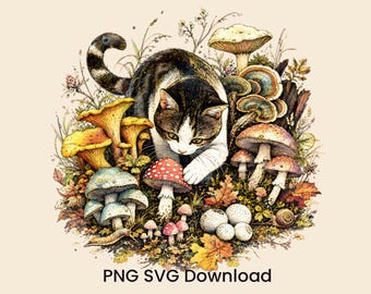 Ilustración PNG imprimible de Gato Curioso y Setas, diseño de sublimación con temática de jardín y cocina vintage para decoración del hogar y manualidades.