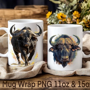 Afrikanischer Büffel-Becher-Verpackung 11 Unze 15 Unze Der schwarze Tod PNG Becher Grafik Big Five Spiel Tier Sublimationsdesign Safari PNG Digital Download