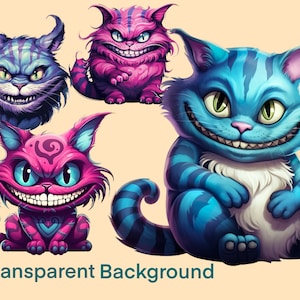 Ensemble de 4 éléments individuels Chat du Cheshire PNG sur un fond transparent, utilisation commerciale gratuite