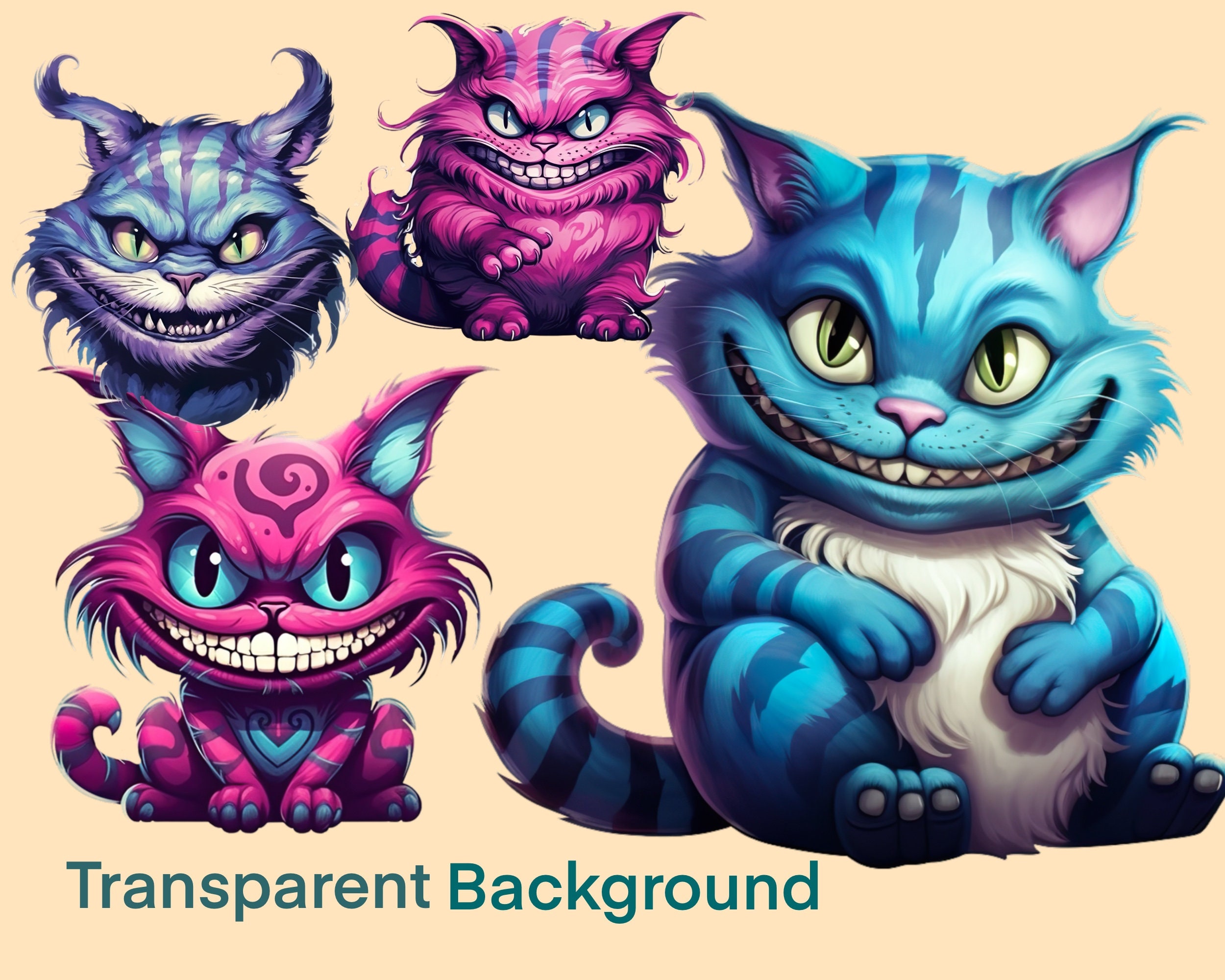 PNG Cheshire Cat, Set of 4 Individual Elements on a Transparent