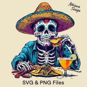 Tête de mort Cinco de Mayo PNG Sublimation Design Sugar Skull Vector Clipart SVG Tacos & Tequila T-Shirt Design Fiesta Téléchargement numérique instantané