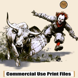 Payaso de rodeo occidental Clipart PNG Toro de carga Diseño de sublimación Escala de grises para láser PNG Arena Barrelman Diseño de camiseta Descarga instantánea PNG