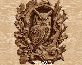 Búho SVG PNG Ilusión 3D Grabado láser, Diseño de tallado en madera, Decoración majestuosa de la naturaleza, Arte de hoja de bellota, Animal del bosque digital, Ave silvestre