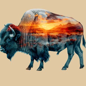 May include: A digitally enhanced image of a bison with a landscape overlay. The bison is primarily blue with a fiery orange and red sunset scene within its form. The background is a solid tan color.