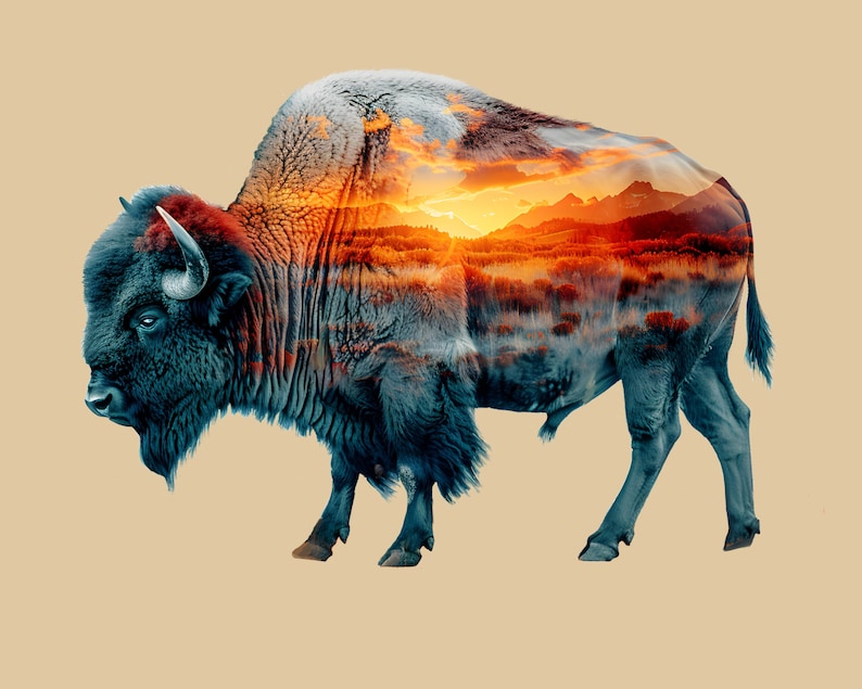 May include: A digitally enhanced image of a bison with a landscape overlay. The bison is primarily blue with a fiery orange and red sunset scene within its form. The background is a solid tan color.