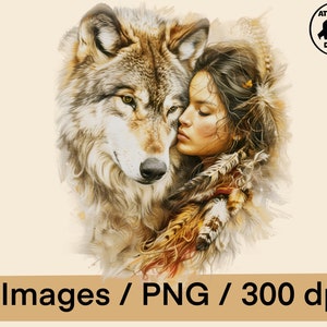 May include: A digital painting of a wolf and a woman with long brown hair. The wolf is on the left side of the image and the woman is on the right. The wolf is looking at the woman and the woman is looking at the wolf. The wolf has a brown and gray coat and the woman has a brown and white coat. The background is a light brown color.