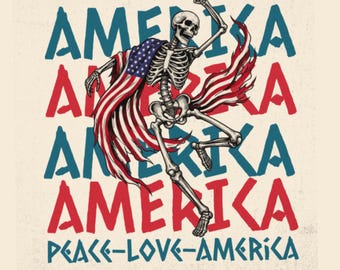 Patriotyczny tańczący szkielet PNG, projekt znaku pokoju, amerykańska grafika do sublimacji, DTF, wydruk (natychmiastowe pobranie cyfrowe)
