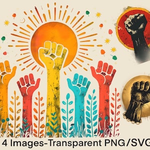 May include: Five raised fists in different colours, with a sun behind them, surrounded by green leaves. The fists are a symbol of strength and unity.