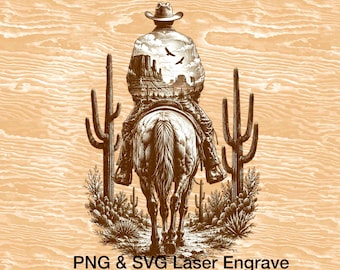 Grabado PNG de vaquero y desierto con doble exposición, arte mural de caballo del oeste, diseño rústico listo para láser.