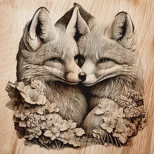 May include: A wood carving of two foxes with their heads touching, surrounded by flowers. The foxes are carved in a realistic style and have detailed fur.