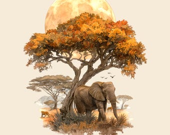 Słoń, Złota Sawanna, Akacja, Projekt PNG, Obraz Afrykańskiego Safari, Grafika Dzikiej Przyrody do Sublimacji, DTF, Wydruk (Natychmiastowe Pobranie Cyfrowe)