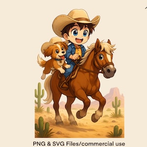 Little Cowboy and Dog Riding Horse PNG T-shirt Sublimation Design Anime Clipart Image Cartoon SVG Graphic Western Instant Digital Download