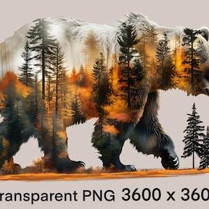 May include: A brown bear walking through a forest with a double exposure effect. The bear is in the foreground and the forest is in the background. The forest is a mix of green and orange trees. The bear is walking towards the right side of the image.