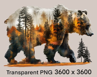 PNG Grizzly Bear Double Exposure Forest Clipart, high resolution, detailed, transparent background