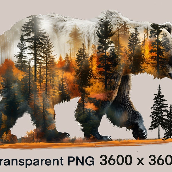 PNG Grizzly Bear Double Exposure Forest Clipart, high resolution, detailed, transparent background