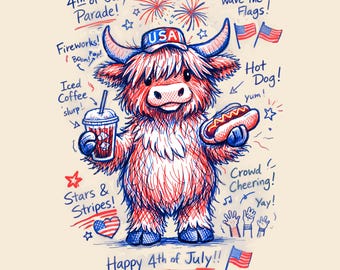 Grafika PNG z krową wyżynną z okazji 4 lipca, zabawny szkic, patriotyczna grafika do sublimacji, DTF, wydruk (natychmiastowe pobranie cyfrowe)
