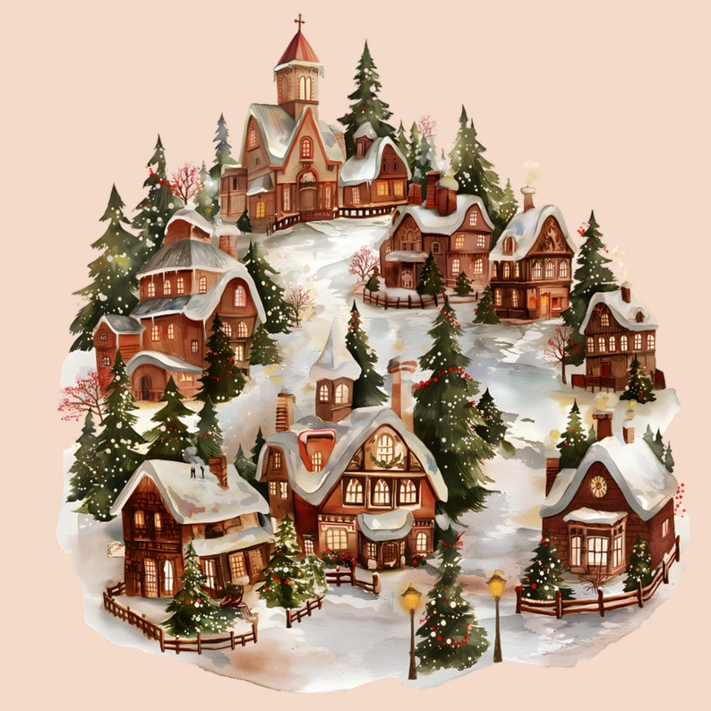 Snowy Village Christmas Clipart Scene Town Christmas Tree Png Graphic