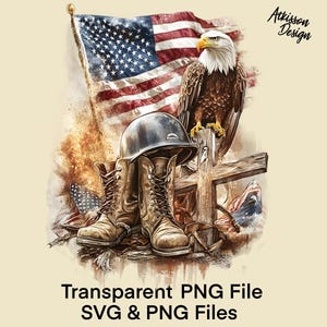 May include: A watercolor illustration of a bald eagle perched on a wooden cross with a pair of military boots and a helmet at the base. The eagle is looking to the right, and the American flag is in the background. The image is a patriotic tribute to those who have served in the military.