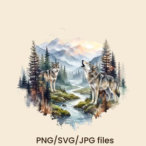May include: Watercolor illustration of two wolves in a forest scene. One wolf stands, the other howls, with a river, trees, and mountains in the background. The text "PNG/SVG/JPG files" is at the bottom.