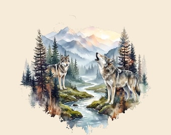 Projekt PNG z motywem górskiej sceny Gray Wolves, obraz miłośnika zwierząt, grafika zewnętrzna do sublimacji, DTF, wydruk (natychmiastowe pobranie cyfrowe)