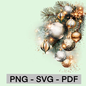 May include: A cluster of gold and silver Christmas ornaments with a pine branch and sparkling lights on a light green background.