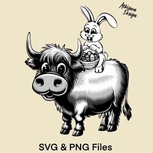 Highland Cow & Bunny Laser Engrave PNG Easter Rabbit Black and White Vector Rabbit Riding Cow SVG  Silhouette Funny Sublimation Design Files