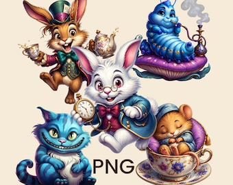 Zestaw postaci z Alicji w Krainie Czarów w formacie PNG, obrazy anime, klasyczna grafika fantasy do sublimacji, DTF, wydruk (natychmiastowe pobranie cyfrowe)