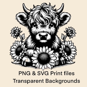 Highland Cow SVG & PNG Farm Animal Clipart Black and White Vector Image Cute Silhouette Sublimation Design Cartoon Cut File/Laser Engrave