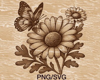 Archivo SVG PNG de mariposa margarita para grabado láser, grabado de flor de margarita, descarga instantánea, arte lineal floral.