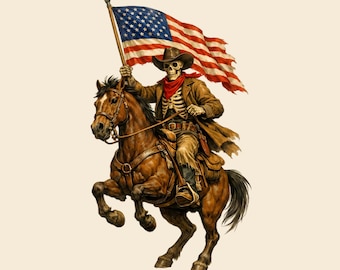 Szkielet kowboja z flagą PNG, realistyczny wzór westernu, patriotyczna grafika do sublimacji, DTF, wydruk (natychmiastowe pobranie cyfrowe)