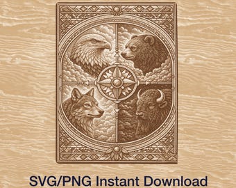 Águila, oso, lobo, bisonte SVG PNG, vida silvestre, arte de animales espirituales de la naturaleza, diseño nativo americano, archivo para grabado láser, decoración de cabaña