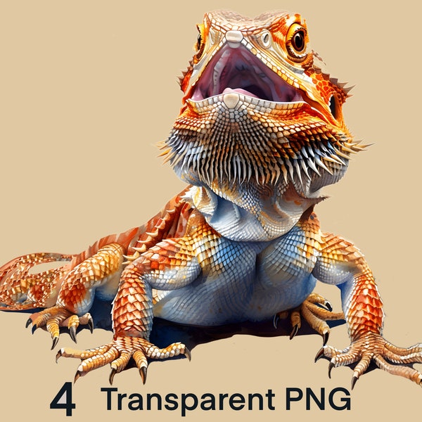 PNG Bearded Dragon Watercolor Clipart, Lizard Sublimation Design, Transparent Background, Printable Instant Download, Cute Fancy Reptile Pet