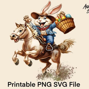 May include: A white rabbit wearing a cowboy hat and blue jeans rides a brown and white horse. The rabbit is holding a basket of colorful Easter eggs.
