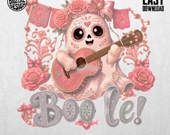 Arte digital de fantasma gótico pastel coqueto, lindo fantasma de calavera de azúcar tocando el ukelele, Kawaii Halloween espeluznante descarga instantánea PNG