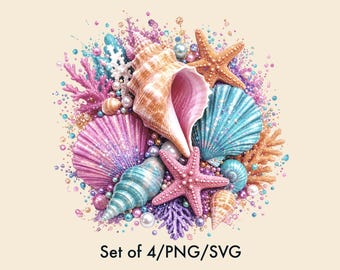 Conjunto de 4 imágenes PNG de conchas marinas con temática de sirena, diseño de camiseta de fantasía oceánica, imágenes prediseñadas del fondo del mar, estrella de mar, perla, sublimación de coral.