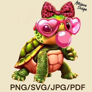 Linda tortuga marina bebé PNG Diseño de sublimación Burbuja rosa SVG Clipart Lazo coqueto PNG Diseño de camiseta Dibujos animados infantiles Descarga digital instantánea