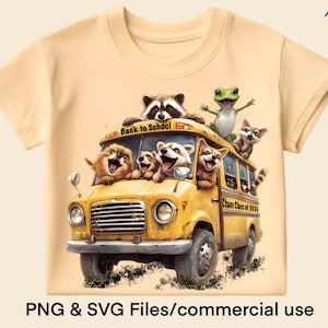 Ônibus Escolar Amarelo Animal Desenho Animado PNG Camiseta Sublimação Gráfico Estudantes Selvagens Clipart Imagem Engraçada Design SVG Bonito Download Digital Instantâneo