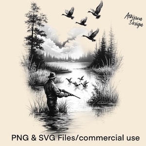 Ente Jäger PNG T-shirt Sublimationsgrafik Fliegende Vögel Clipart Bild Jagdsaison SVG Design Laser Graustufen Sofortiger digitaler Download